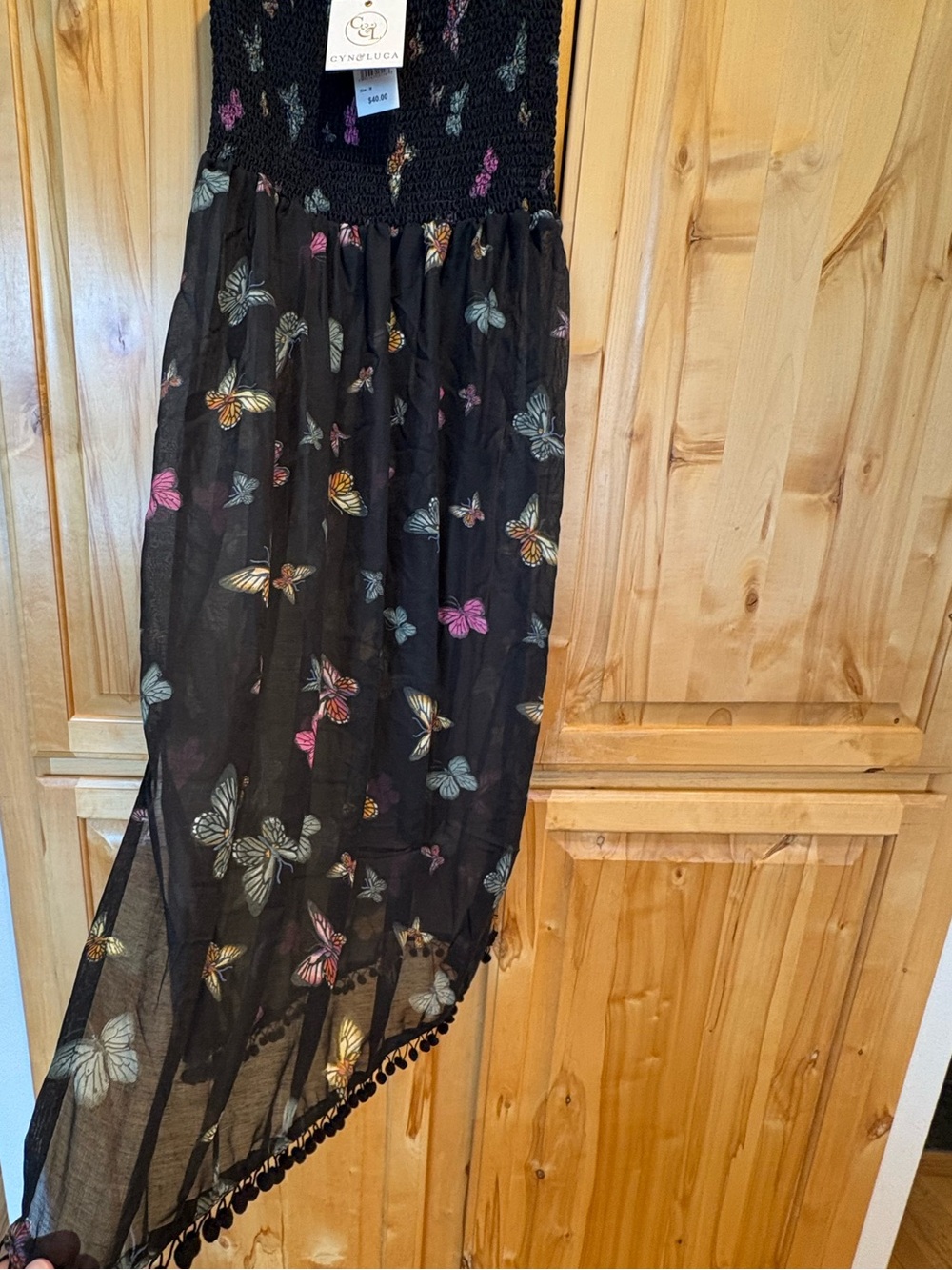 Butterfly Print Midi Dress/beach cover up with smocked top and sheer bottom - Picture 4 of 6